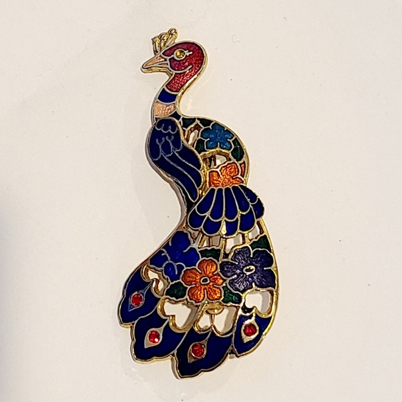 The Unbranded Brand Jewelry - Vintage Colorful Peacock Bird Cloisonne Enamel Brooch Pin 2.5"